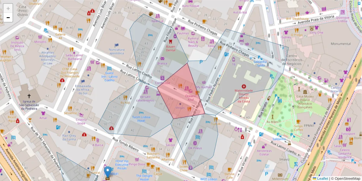Mapa detalhado do código postal 1050-136 com limites, códigos postais vizinhos e agências dos correios