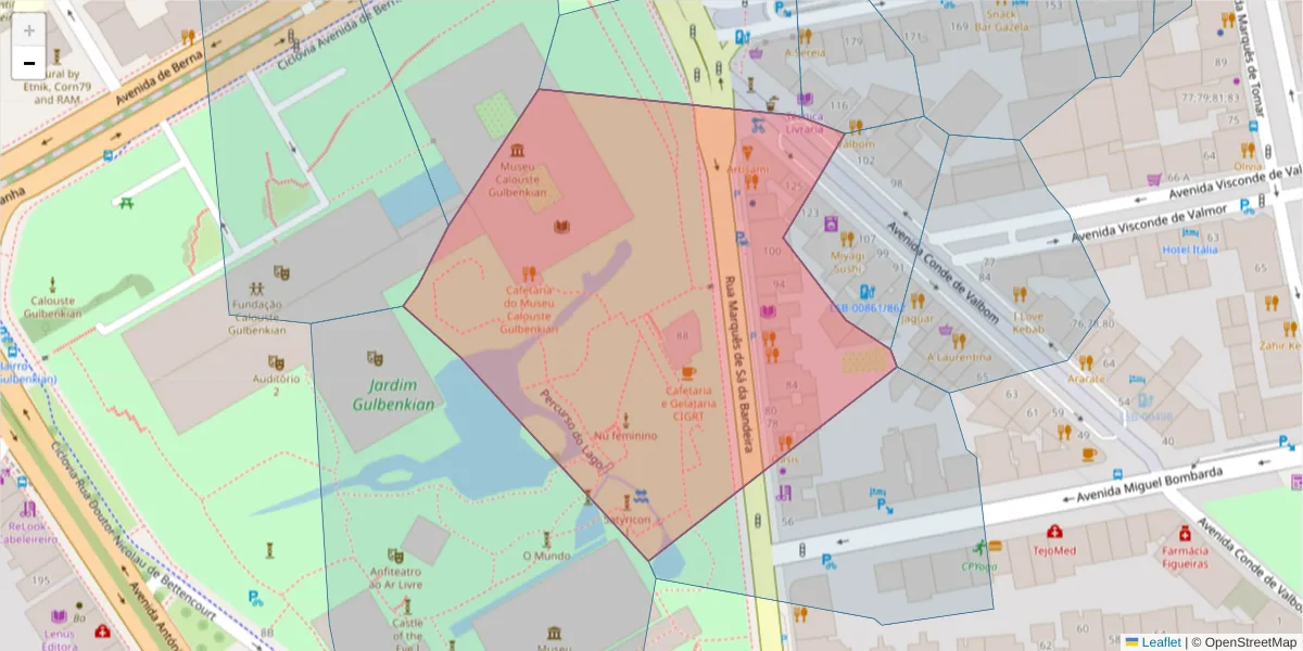 Mapa detalhado do código postal 1050-150 com limites, códigos postais vizinhos e agências dos correios