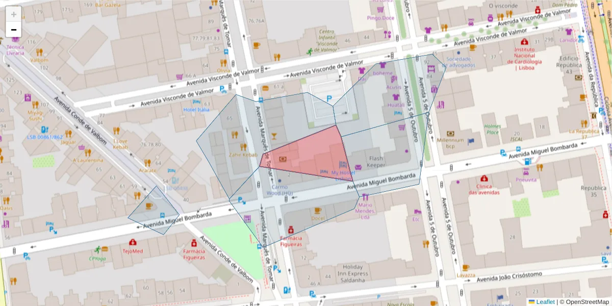 Mapa detalhado do código postal 1050-156 com limites, códigos postais vizinhos e agências dos correios