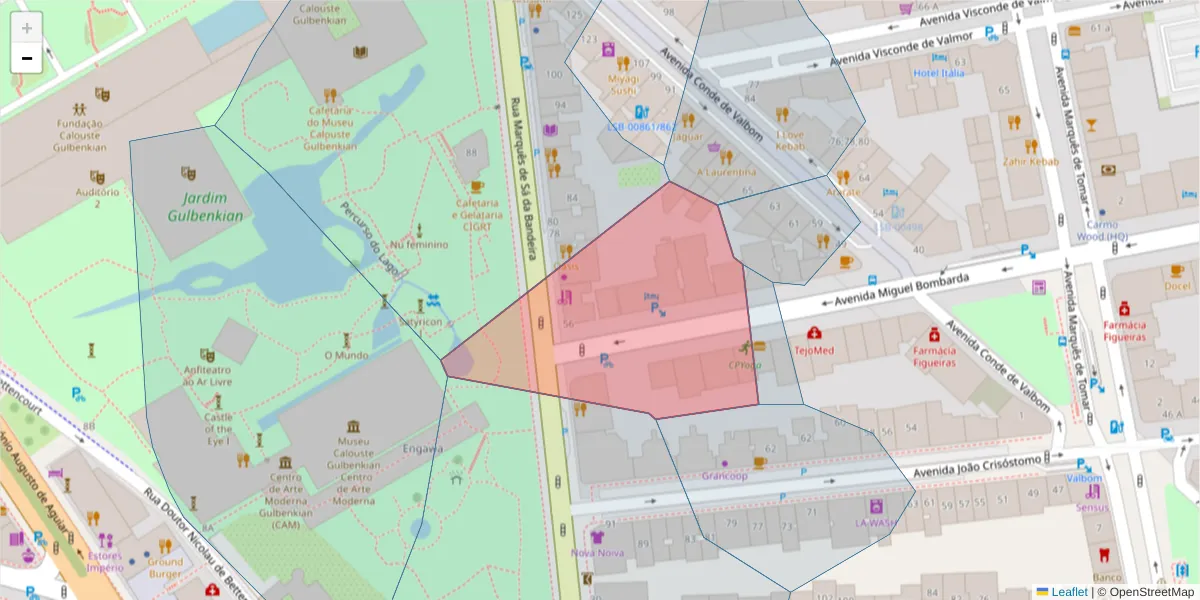 Mapa detalhado do código postal 1050-167 com limites, códigos postais vizinhos e agências dos correios