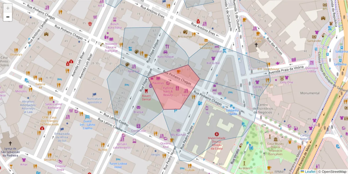 Mapa detalhado do código postal 1050-174 com limites, códigos postais vizinhos e agências dos correios