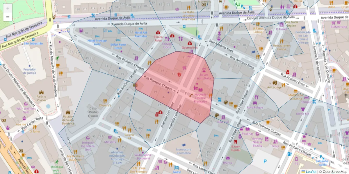 Mapa detalhado do código postal 1050-175 com limites, códigos postais vizinhos e agências dos correios