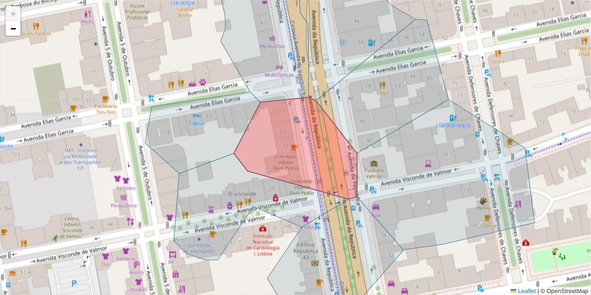 Mapa detalhado do código postal 1050-188 com limites, códigos postais vizinhos e agências dos correios