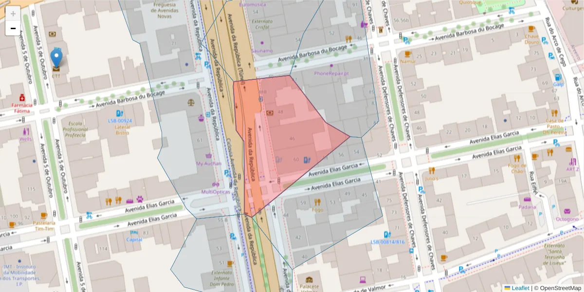 Mapa detalhado do código postal 1050-195 com limites, códigos postais vizinhos e agências dos correios