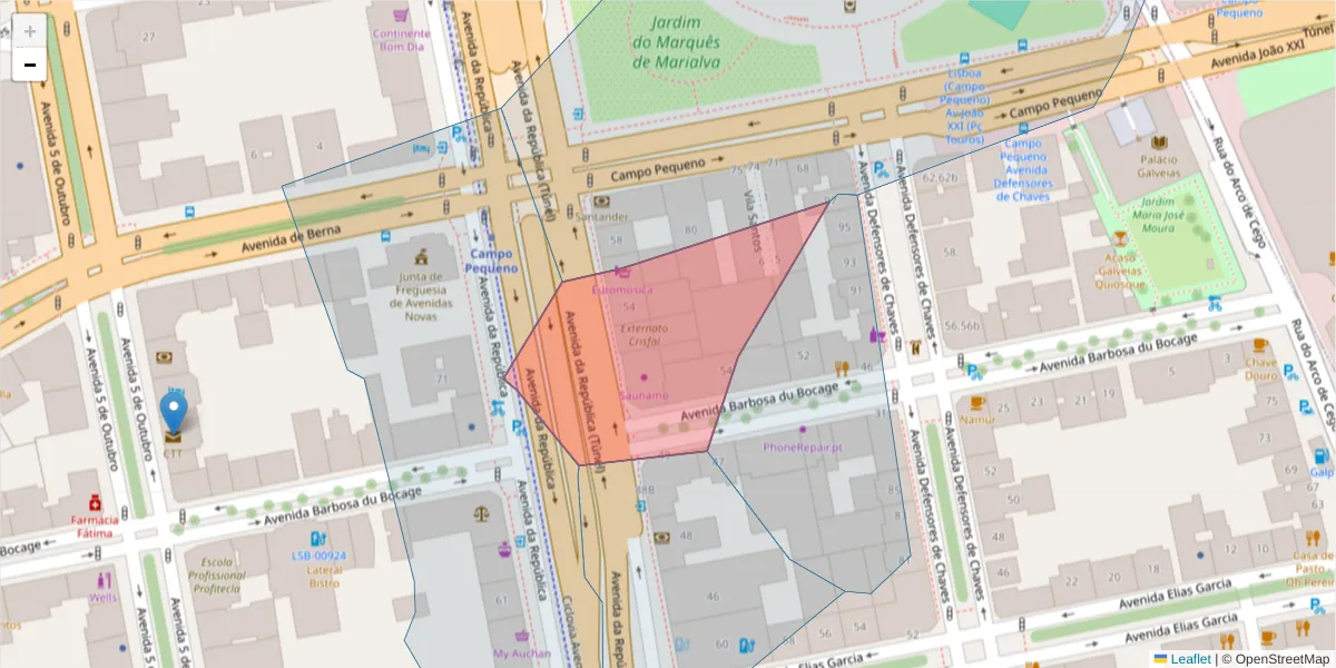 Mapa detalhado do código postal 1050-196 com limites, códigos postais vizinhos e agências dos correios