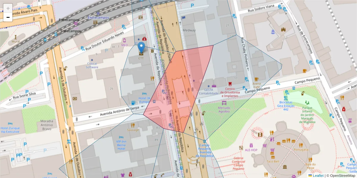 Mapa detalhado do código postal 1050-197 com limites, códigos postais vizinhos e agências dos correios