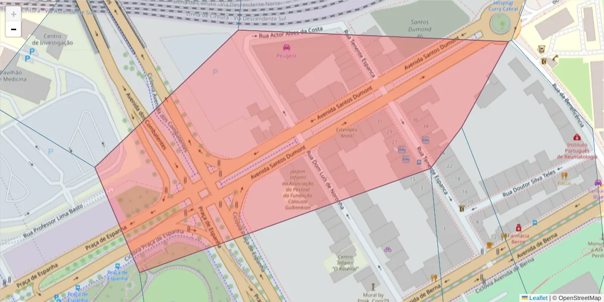 Mapa detalhado do código postal 1050-202 com limites, códigos postais vizinhos e agências dos correios