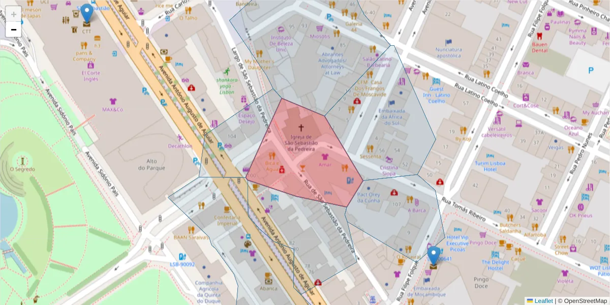 Mapa detalhado do código postal 1050-205 São Sebastião da Pedreira com limites, códigos postais vizinhos e agências dos correios