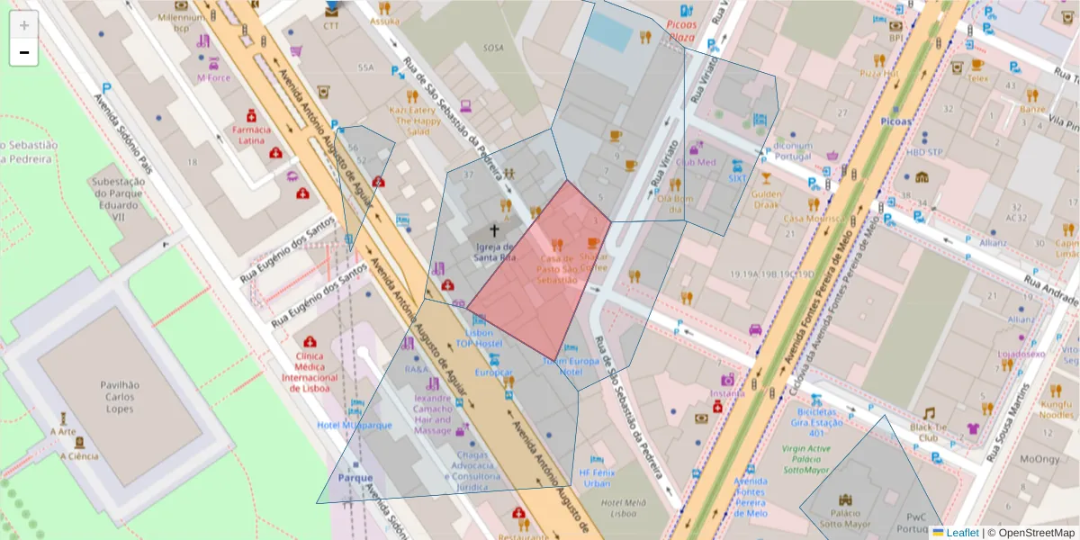Mapa detalhado do código postal 1050-209 com limites, códigos postais vizinhos e agências dos correios