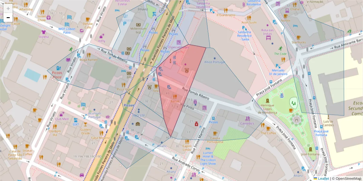 Mapa detalhado do código postal 1050-225 com limites, códigos postais vizinhos e agências dos correios