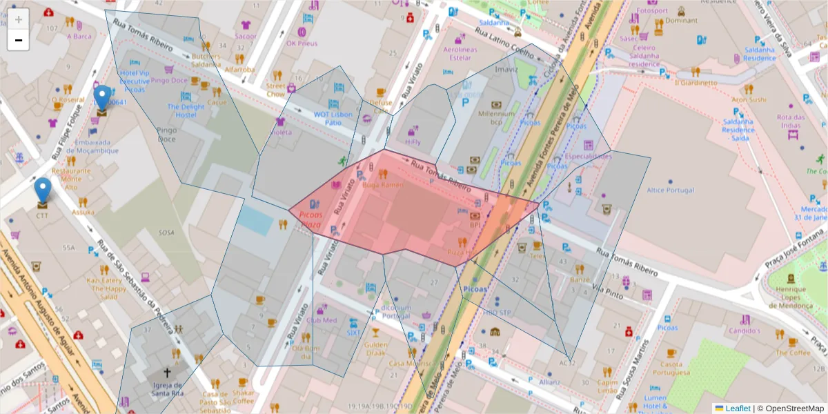 Mapa detalhado do código postal 1050-226 com limites, códigos postais vizinhos e agências dos correios