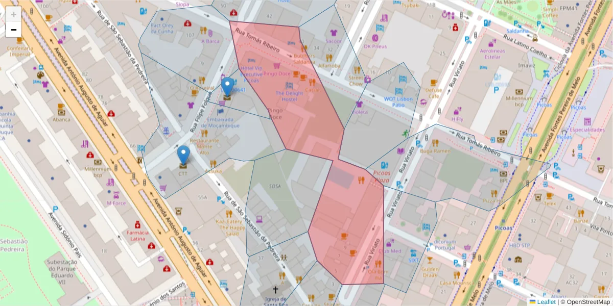 Mapa detalhado do código postal 1050-227 com limites, códigos postais vizinhos e agências dos correios