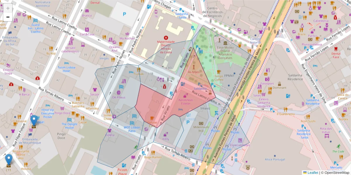 Mapa detalhado do código postal 1050-234 com limites, códigos postais vizinhos e agências dos correios