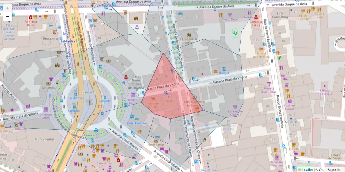 Mapa detalhado do código postal 1050-246 com limites, códigos postais vizinhos e agências dos correios