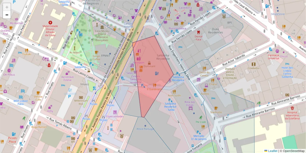 Mapa detalhado do código postal 1050-250 com limites, códigos postais vizinhos e agências dos correios