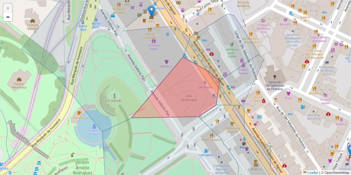 Mapa detalhado do código postal 1050-251 com limites, códigos postais vizinhos e agências dos correios