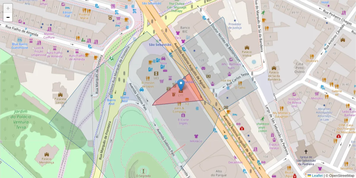 Mapa detalhado do código postal 1050-994 com limites, códigos postais vizinhos e agências dos correios