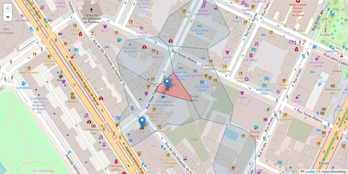 Mapa detalhado do código postal 1050-999 com limites, códigos postais vizinhos e agências dos correios