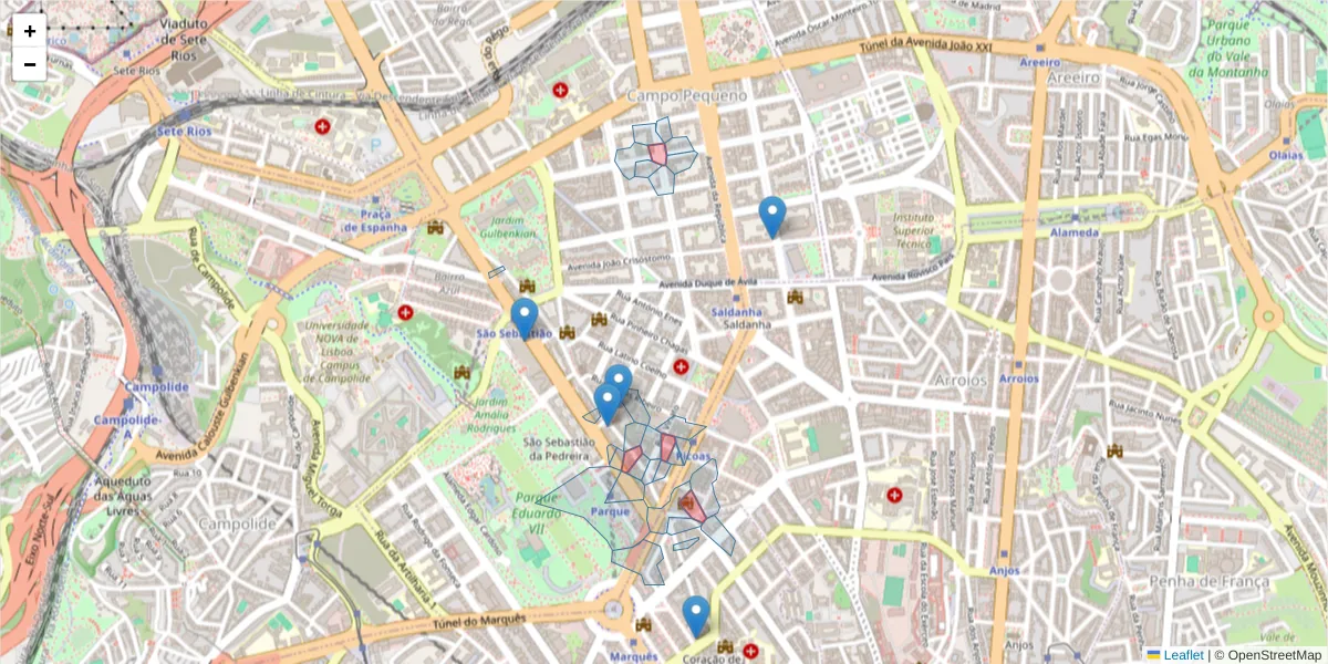 Mapa detalhado do código postal 1050 com limites, códigos postais vizinhos e agências dos correios