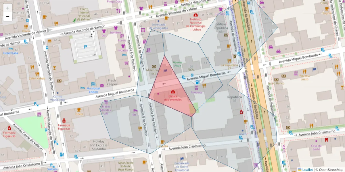 Mapa detalhado do código postal 1051-802 com limites, códigos postais vizinhos e agências dos correios