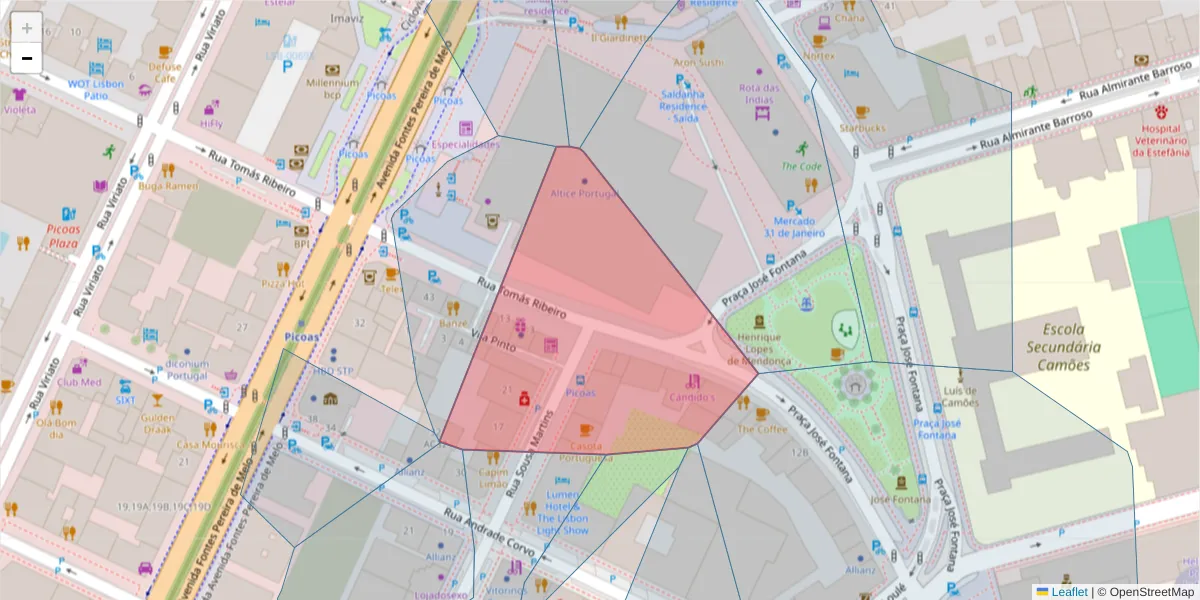 Mapa detalhado do código postal 1069-069 com limites, códigos postais vizinhos e agências dos correios