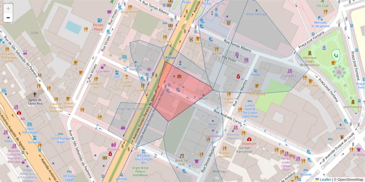 Mapa detalhado do código postal 1069-095 com limites, códigos postais vizinhos e agências dos correios
