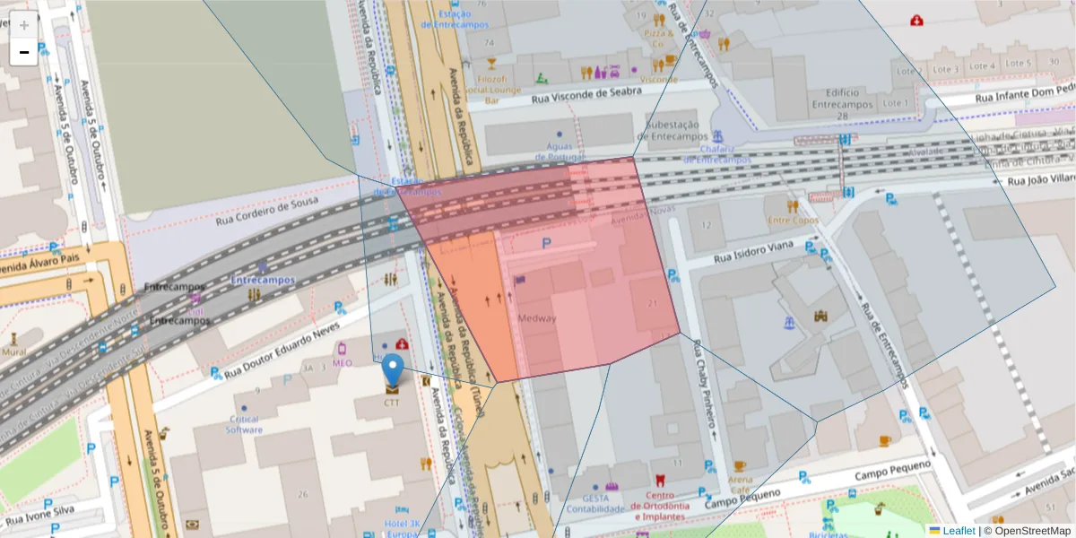 Mapa detalhado do código postal 1069-213 com limites, códigos postais vizinhos e agências dos correios
