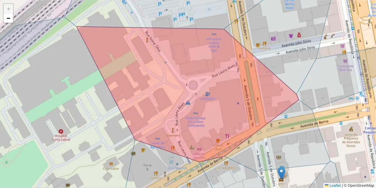 Mapa detalhado do código postal 1069-451 com limites, códigos postais vizinhos e agências dos correios