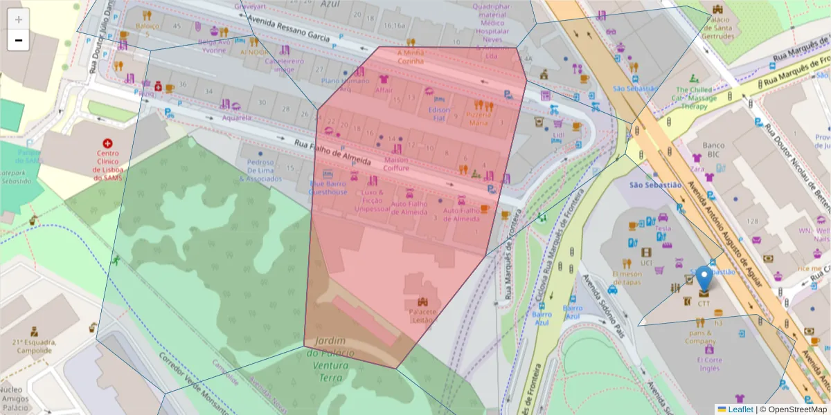Mapa detalhado do código postal 1070-234 São Sebastião da Pedreira com limites, códigos postais vizinhos e agências dos correios