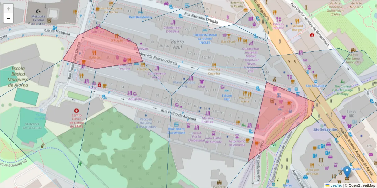 Mapa detalhado do código postal 1070-234 com limites, códigos postais vizinhos e agências dos correios
