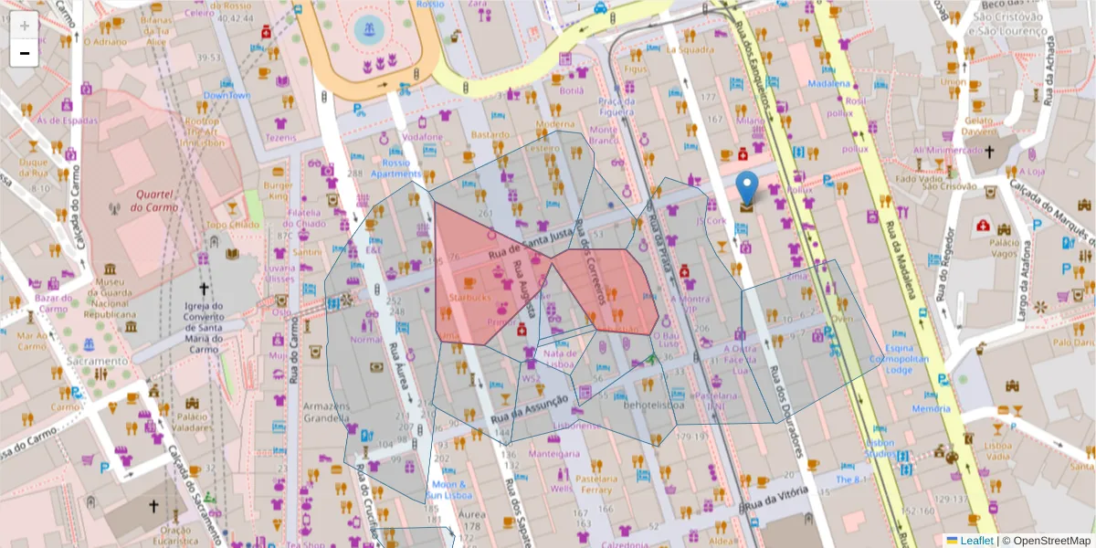Mapa detalhado do código postal 1100-051 com limites, códigos postais vizinhos e agências dos correios