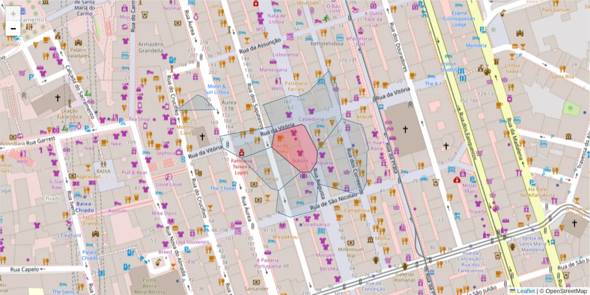 Mapa detalhado do código postal 1100-054 com limites, códigos postais vizinhos e agências dos correios