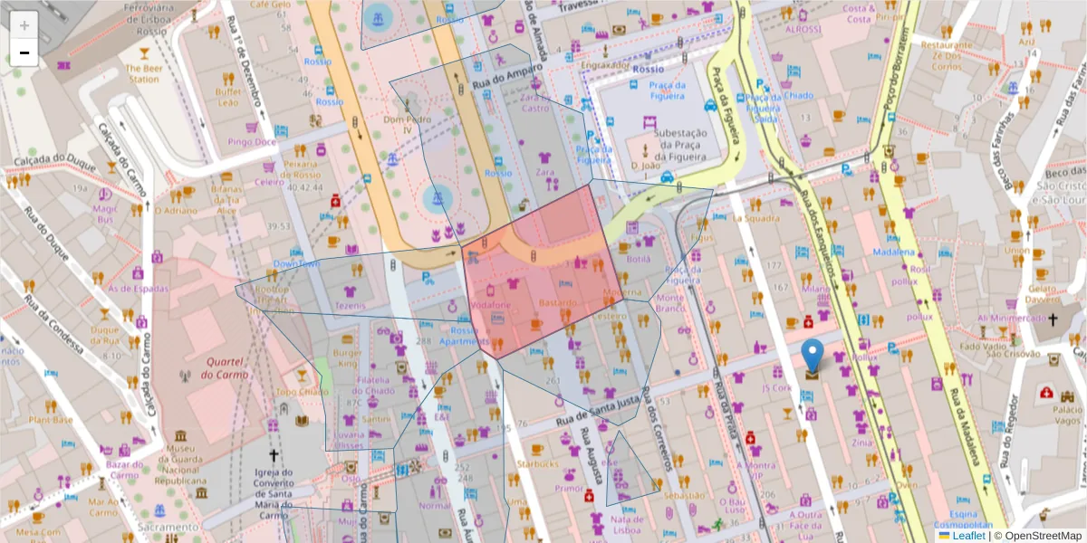 Mapa detalhado do código postal 1100-090 com limites, códigos postais vizinhos e agências dos correios