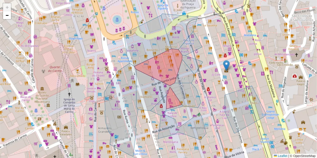 Mapa detalhado do código postal 1100-170 com limites, códigos postais vizinhos e agências dos correios