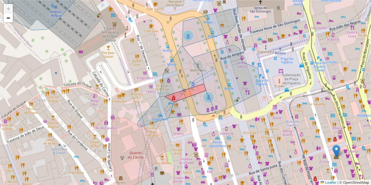 Mapa detalhado do código postal 1100-200 Santa Justa com limites, códigos postais vizinhos e agências dos correios