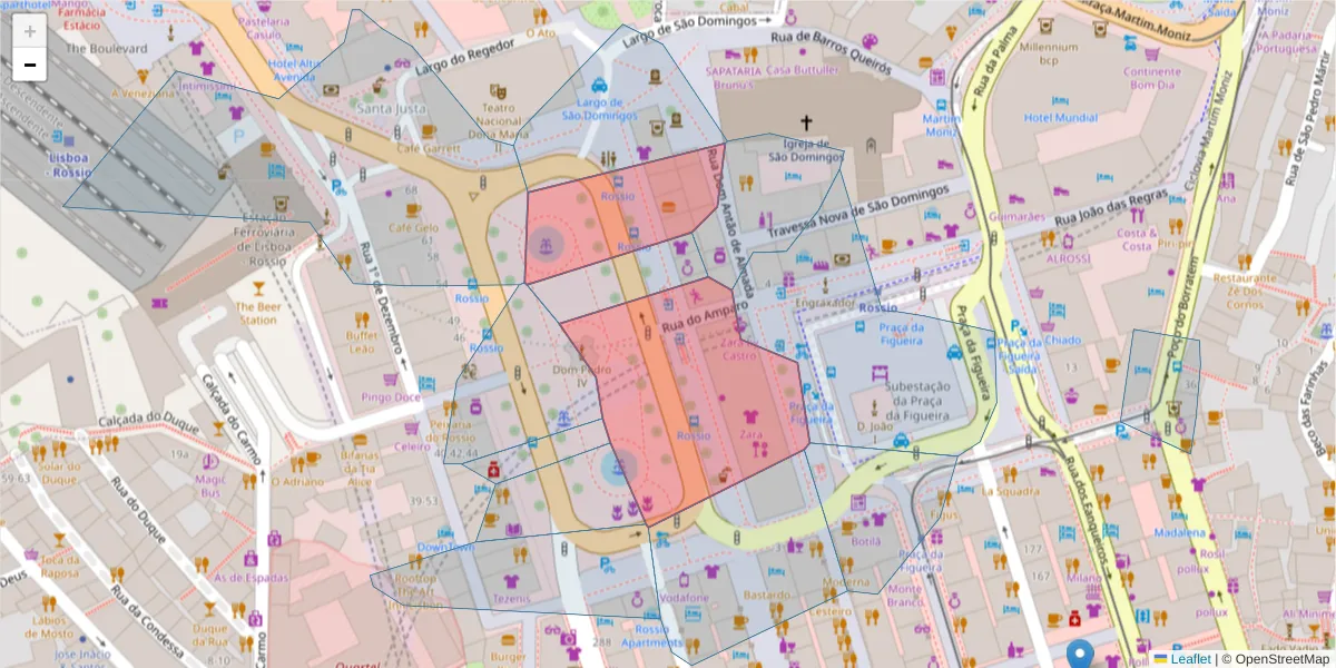 Mapa detalhado do código postal 1100-202 com limites, códigos postais vizinhos e agências dos correios