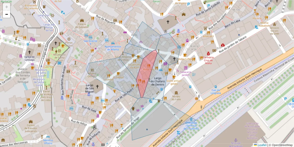 Mapa detalhado do código postal 1100-349 com limites, códigos postais vizinhos e agências dos correios