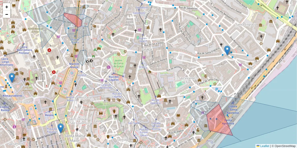 Mapa detalhado do código postal 1100-395 com limites, códigos postais vizinhos e agências dos correios