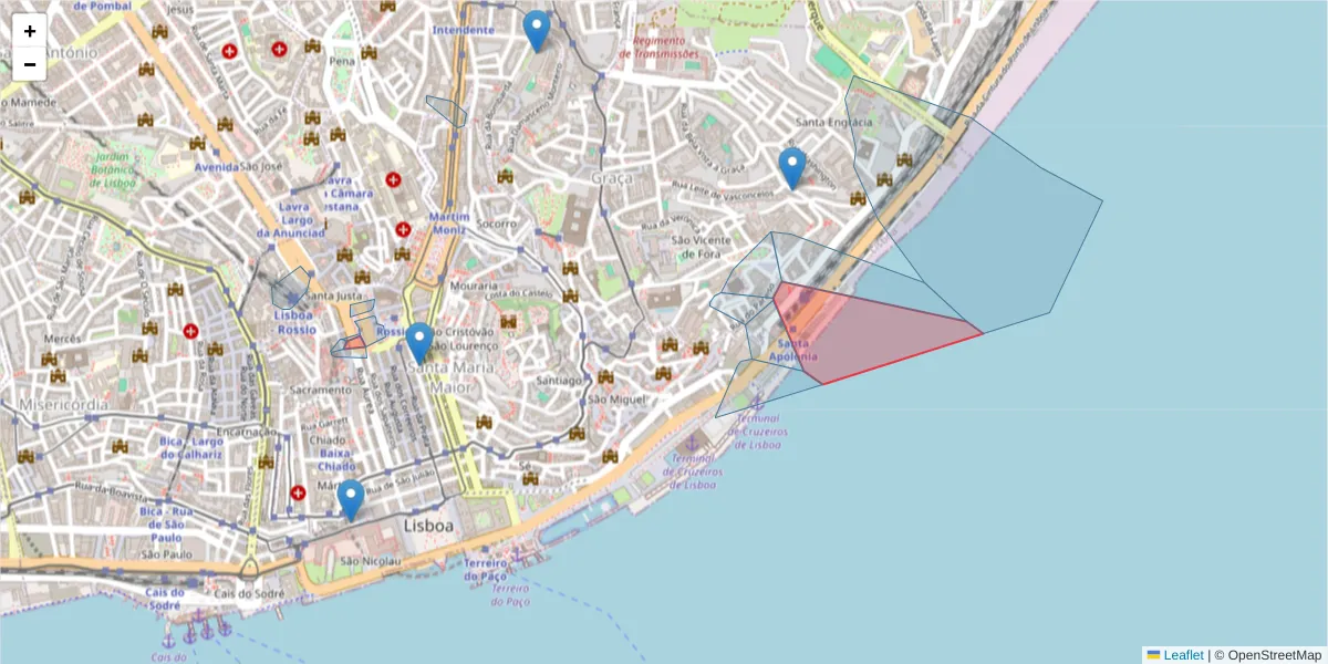Mapa detalhado do código postal 1100-486 com limites, códigos postais vizinhos e agências dos correios