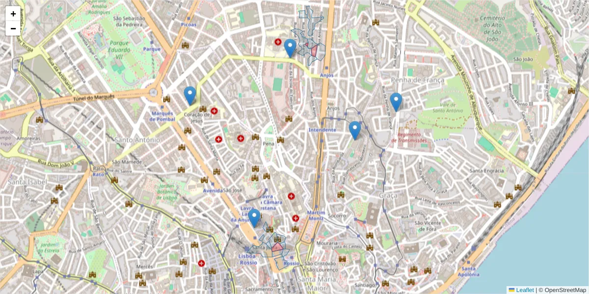 Mapa detalhado do código postal 1150-000 com limites, códigos postais vizinhos e agências dos correios