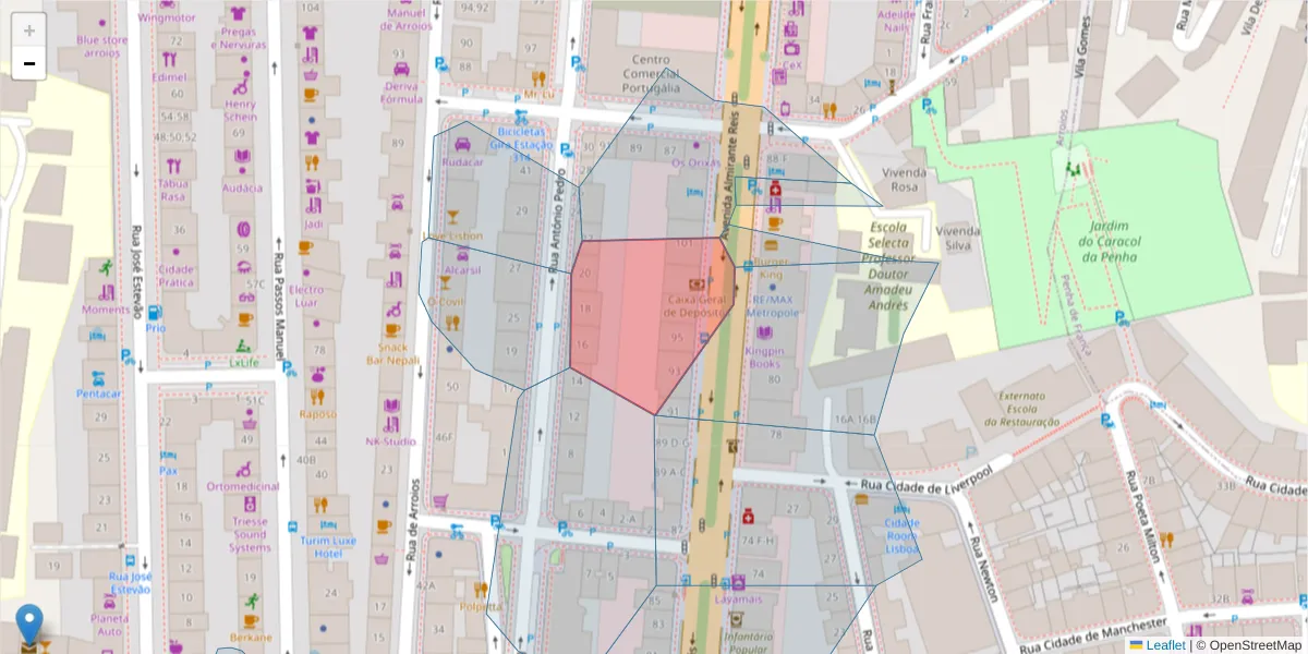 Mapa detalhado do código postal 1150-013 com limites, códigos postais vizinhos e agências dos correios