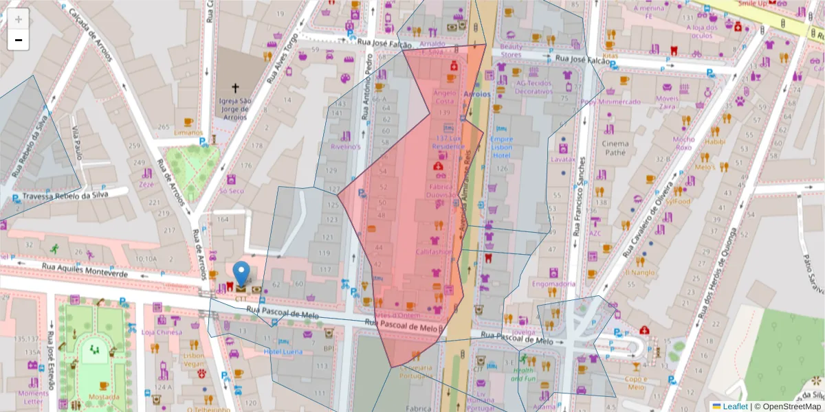 Mapa detalhado do código postal 1150-015 com limites, códigos postais vizinhos e agências dos correios