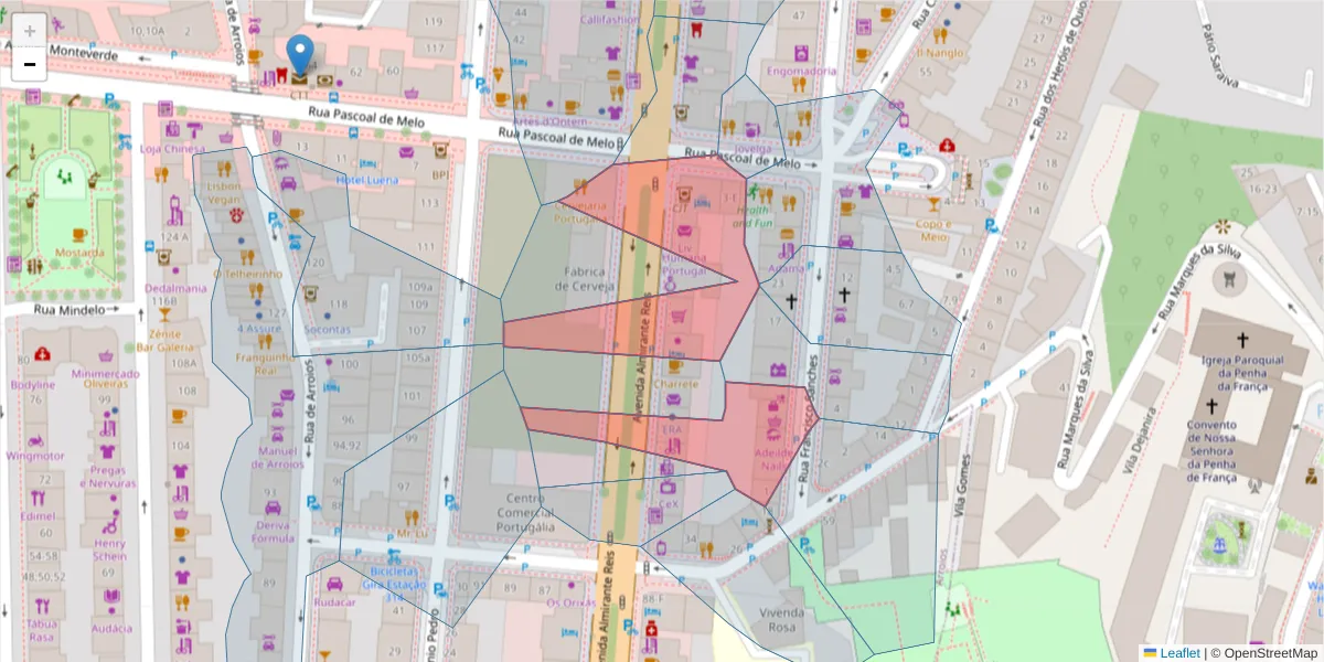 Mapa detalhado do código postal 1150-022 com limites, códigos postais vizinhos e agências dos correios