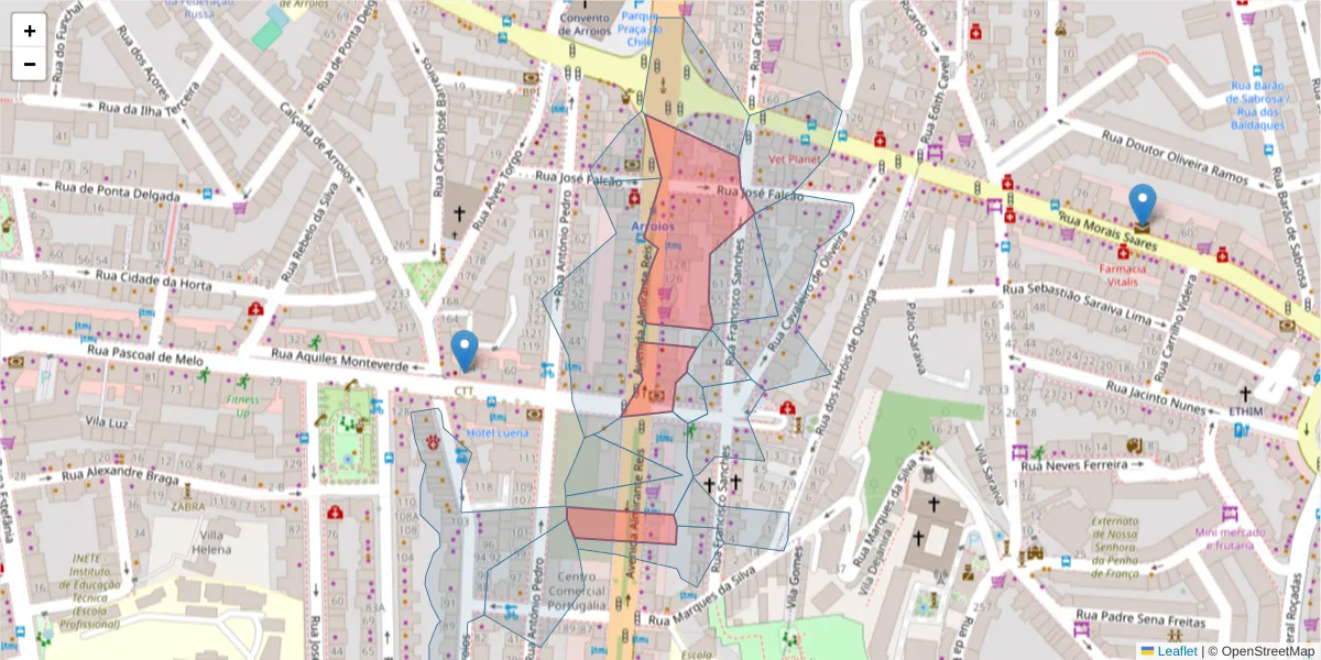 Mapa detalhado do código postal 1150-023 com limites, códigos postais vizinhos e agências dos correios