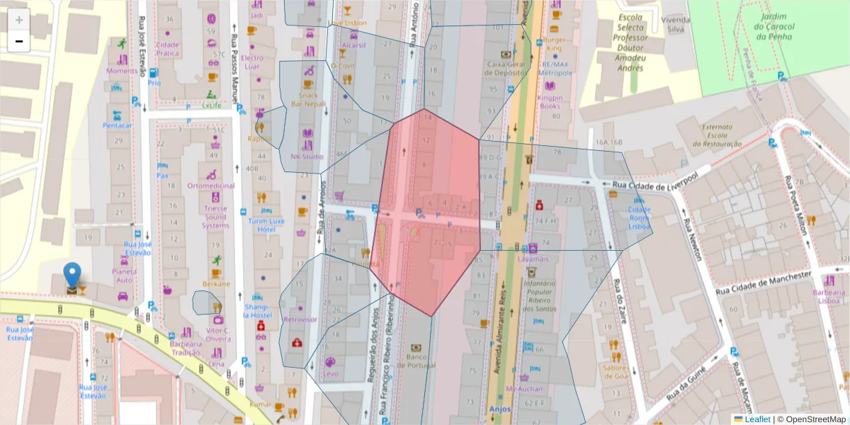 Mapa detalhado do código postal 1150-166 com limites, códigos postais vizinhos e agências dos correios