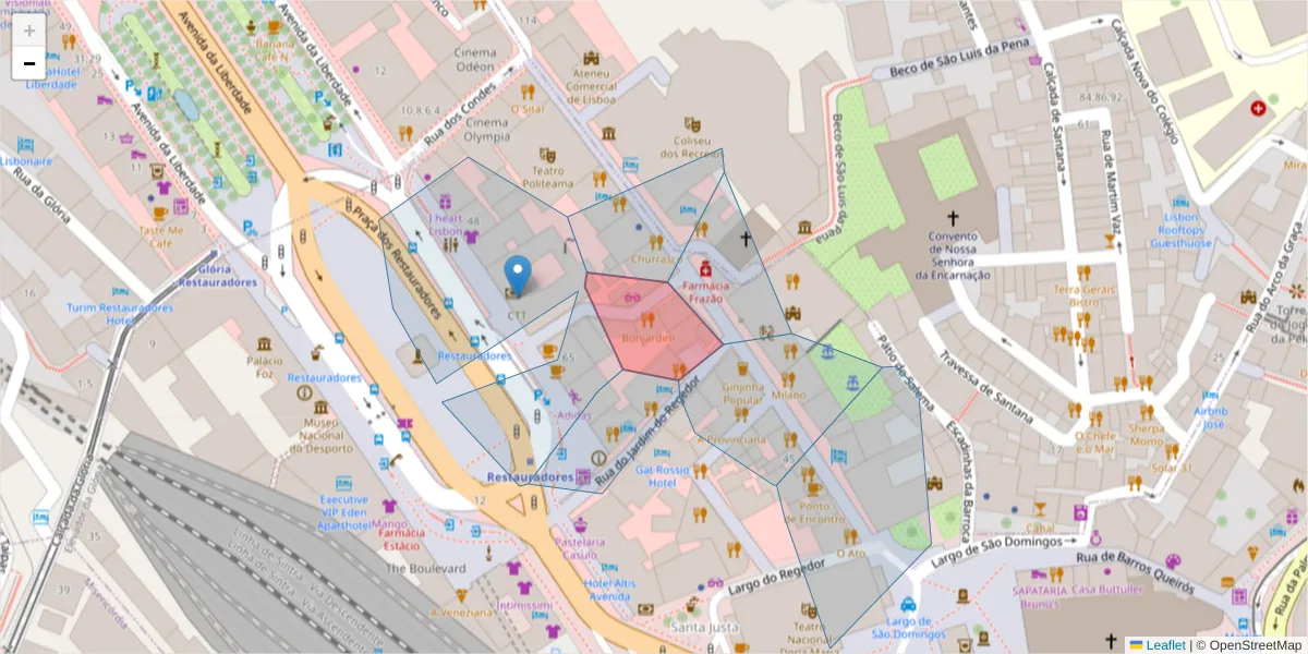 Mapa detalhado do código postal 1150-265 com limites, códigos postais vizinhos e agências dos correios