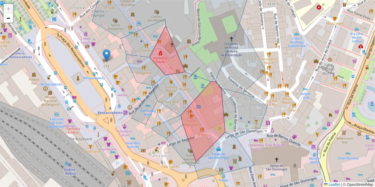 Mapa detalhado do código postal 1150-268 com limites, códigos postais vizinhos e agências dos correios