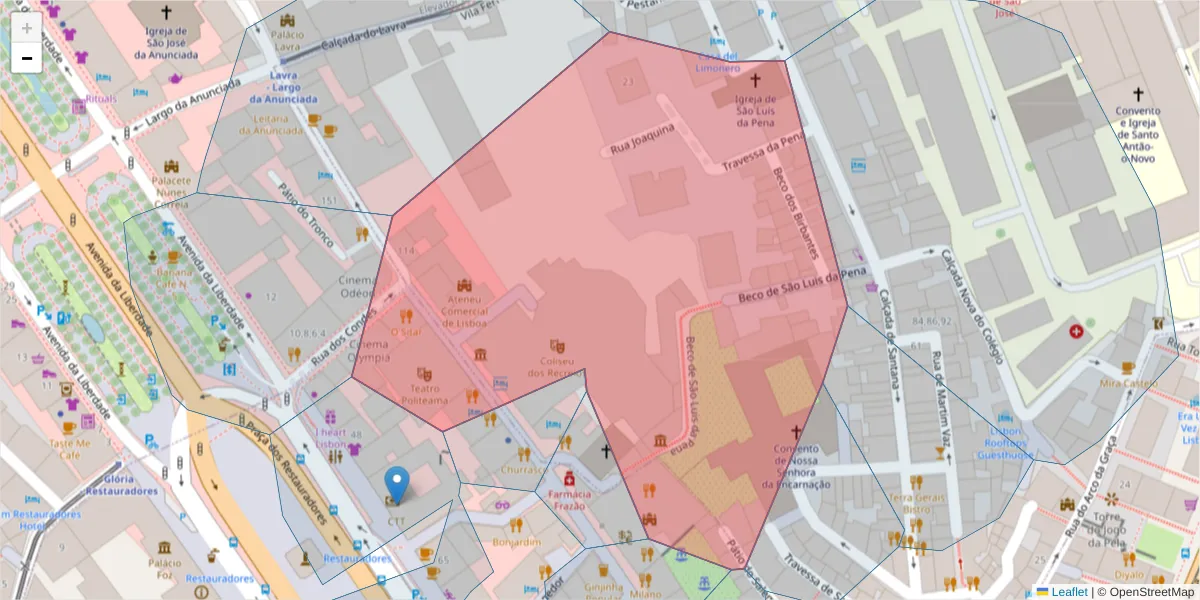 Mapa detalhado do código postal 1150-269 com limites, códigos postais vizinhos e agências dos correios