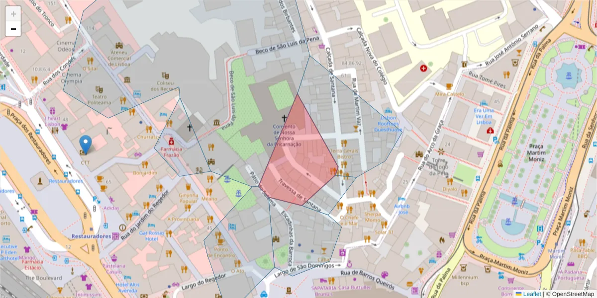 Mapa detalhado do código postal 1150-303 com limites, códigos postais vizinhos e agências dos correios