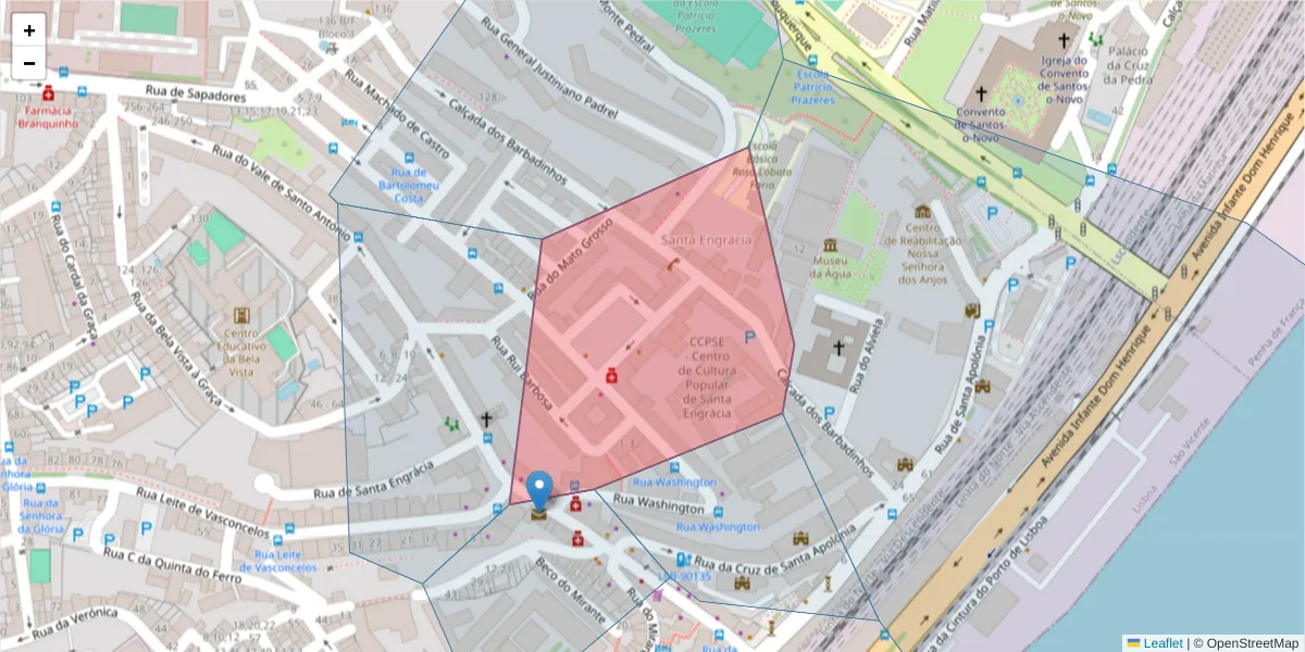 Mapa detalhado do código postal 1170-124 Santa Engrácia com limites, códigos postais vizinhos e agências dos correios